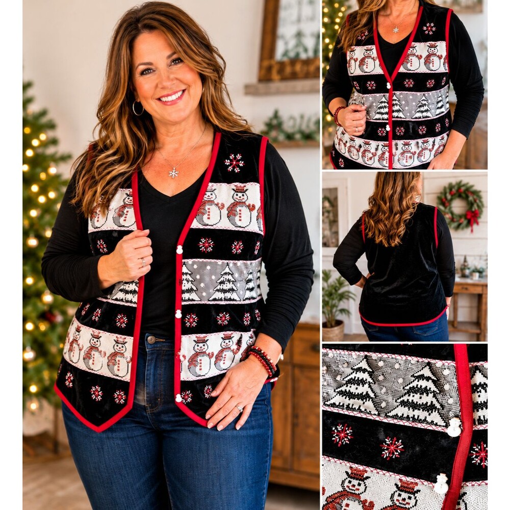 Dress Barn Woman 2X Christmas Sweater Vest Snowman Snowflake Trees Vintage